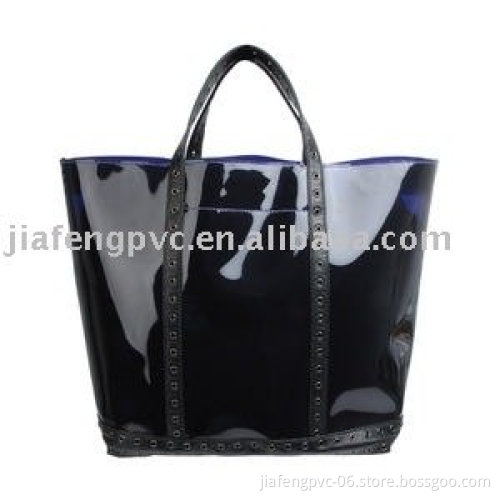 Delicate black / blue gross PVC beach / tote bag with PU handle